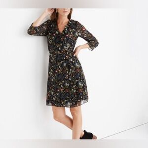 Madewell Black Multi Floral V-Neck Tie-Waist Mini Dress